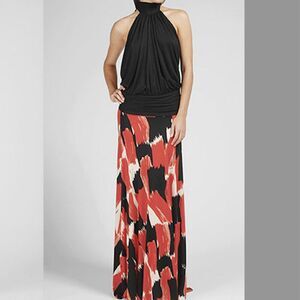 Rachel Pally XS Long Full Maxi Skirt Fold Over Waist Black Red Printed Jersey